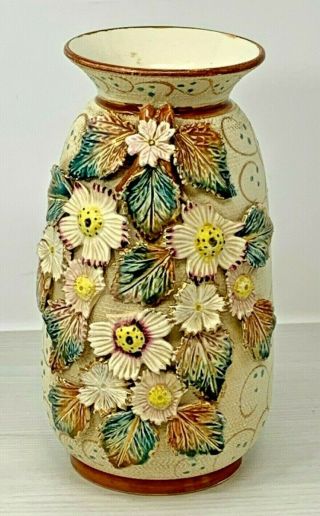 Antique English Majolica Barbotine Vase With Applied Raised Flowers And Leaves