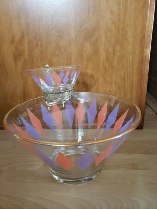 Vintage Mid Century Chip Dip Bowls With Metal Stand Gold Green Mcm Glass Party