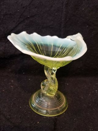 Fenton L.  G.  Wright Glass Vaseline Opalescent Dolphin Footed Compote Candy Dish