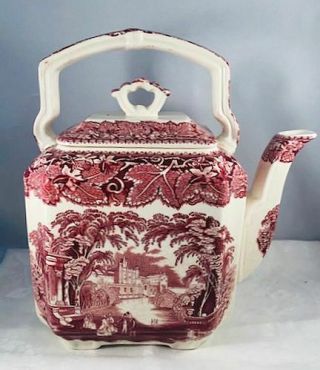 Vintage Mason ' s Pink Red Vista Teapot Kettle Top Handled Tea Pot N/R 2