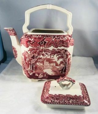Vintage Mason ' s Pink Red Vista Teapot Kettle Top Handled Tea Pot N/R 4