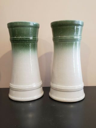 10 Inch Monmouth Western Stoneware Green And White Tone Vase Pair