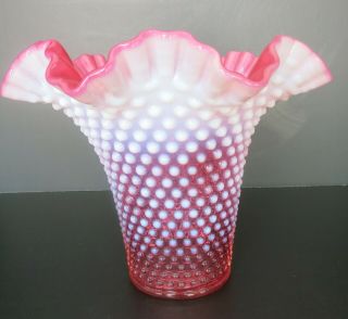 Vintage Fenton Cranberry & White Opalescent Hobnail Vase W/ Flared Ruffled Edge