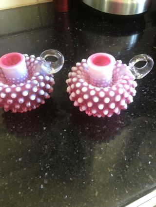 Fenton Cranberry Opalescent Hobnail Candle Holders - Finger Loop Matching Pair