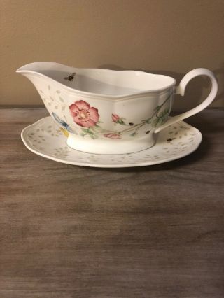 Lenox Butterfly Meadow Porcelain Gravy Boat And Stand