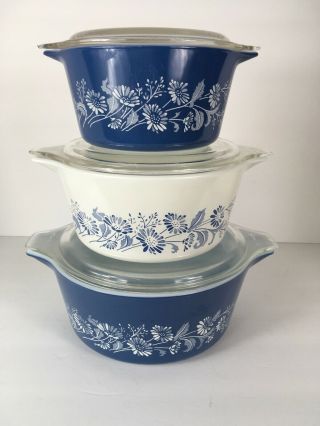 Set Of 3 Pyrex Colonial Mist Blue Flowers Casserole Dish Bowls 473 - B 475 - B 474 - B