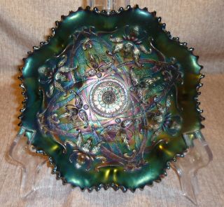 Vintage Carnival Glass " Orchid " Pattern Green Iridescent Bowl - Orange Glow