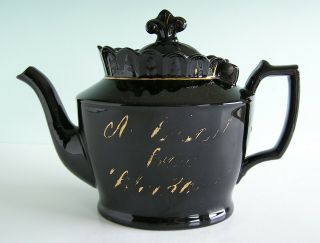 Antique Staffordshire Jackfield Black Glaze Teapot Gilded 