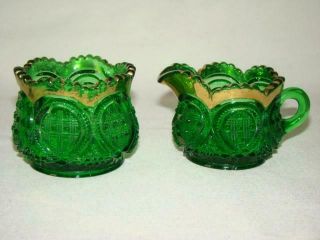 Striking 1890s Eapg Emerald Green Glass,  Gold Creamer & Sugar Bowl