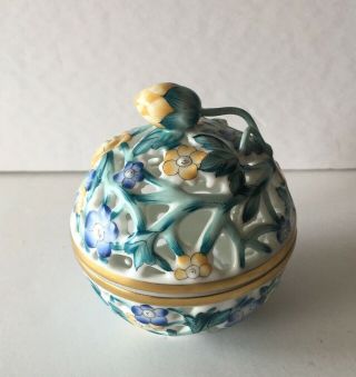 Herend Hungary Reticulated Pierced Floral Aqua - Cobalt Blue - Yellow Trinket Box