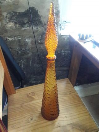 Empoli Large Italian Amber Glass Wave Pattern Decanter / With Stopper