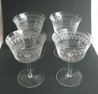 4 Antique Edwardian Etched Glass Champagne Glasses