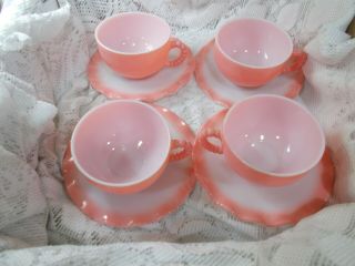 Hazel Atlas Ripple Pink Cups & Saucers - 4 Cups & 4 Saucers