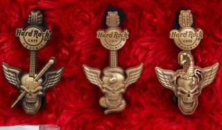 3 Hard Rock Cafe Pins Phoenix 3d Winged Skull Guitar Scorpion Snake Thermometer
