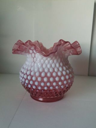 Vintage Fenton Glass Opalescent Cranberry Pink Hobnail Bowl/vase Ruffle Top