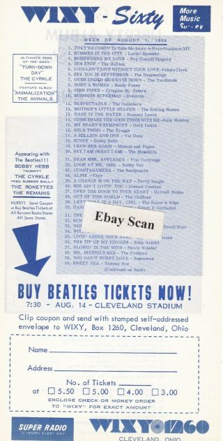 Wixy Cleveland Top 40 Radio Music Survey 8 - 1 - 66 Beatles Ticket Order Form