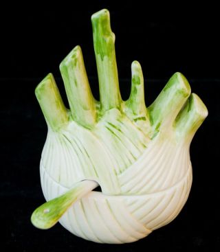 Intrada Italian Hand Paint White And Green Fennel Shaped Sauce Pot Made In Italy
