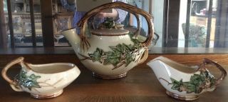 Vintage Mccoy Art Pottery Usa Ivy Leaf Vine Teapot Sugar Creamer Set Euc