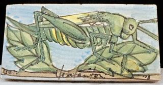 Vintage Italian Garden Tile Plaque Hand Painted & Signed Grasshopper / Cricket