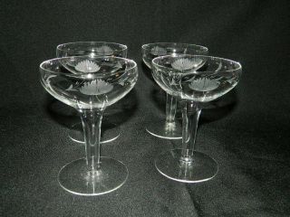 4 Vintage Hollow Stem Coupe Champagne Glasses W Flower Cutting 4 5/8 " Art Deco