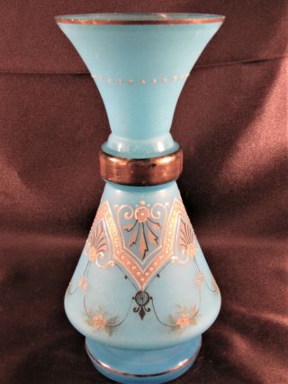 Antique French Blue Opaline Glass Vase Hand Enameled Design Exc Cond