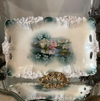 Vintage Antique Rs Prussia Lotus Flower 2 Handle Tray Rectangular Plate Dish