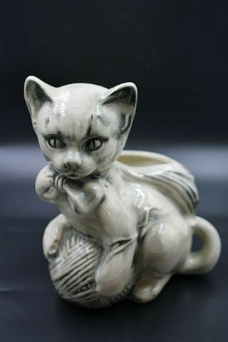 Mccoy Pottery Cat Kitten With Yarn Planter 7 " Black White Usa Rare