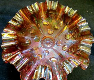 Rare Dugan Marigold Carnival Glass Weeping Cherry Ruffled Bowl 9 Inches Across