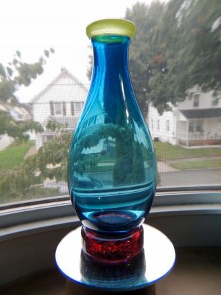 Ed Branson Signed Art Glass Vase Red,  Blue And Lime Green