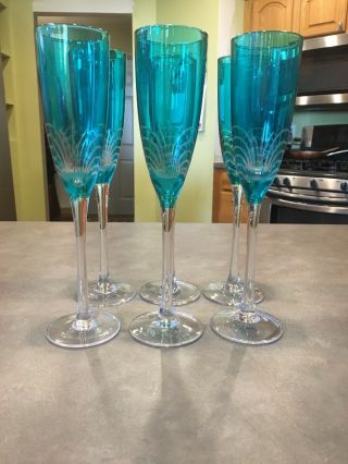 6 Pier 1 Aquamarine Turquose Cut To Clear Crystal Glass Champagne Flute Stemware