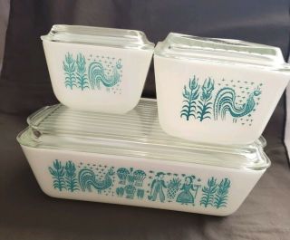Vintage Pyrex Turquoise Butterprint Amish Covered Refrigerator Dish 6 Piece Set