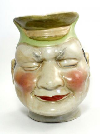 Majolica Character Face Jug Vtg Asian Man Pottery Ceramic Pitcher Sarreguemines?