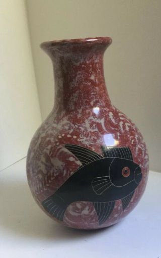 Vintage Nicaragua Mid Century Modern Studio Art Pottery Vase Fish Brown