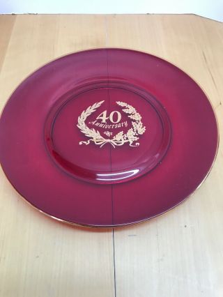 Vtg 40th Wedding Anniversary Ruby Red Glass Serving Plate,  Gold Overlay Gorgeous