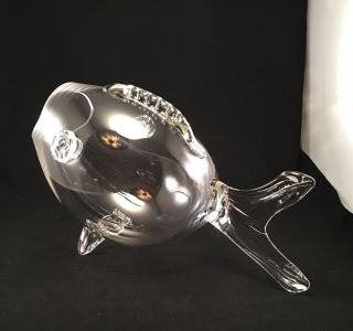 Large Open Mouth Vintage MCM Clear Glass Fish Art Glass Vase Blenko Style 7