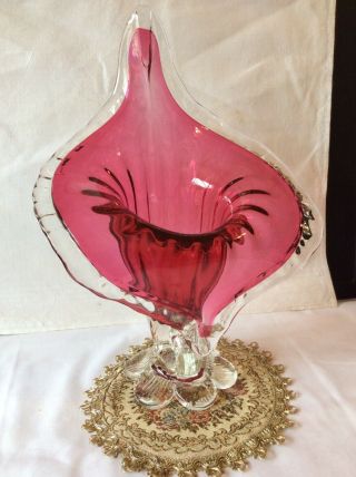 Large Rossi Cranberry Art Glass Jack In The Pulpit Vase.  Hand Blown