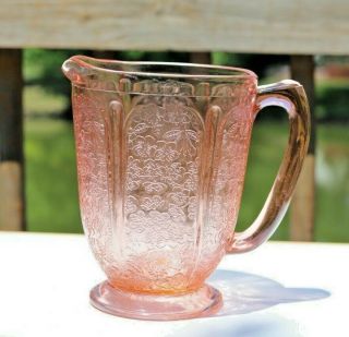 Antique Jeanette Pink Depression Cherry Blossom Glass Pitcher,  Mold Color
