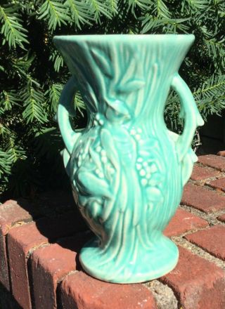 Vintage Mccoy Art Pottery Bird Of Paradise Double Handle Aqua Turquoise Vase 8”