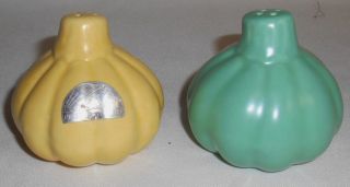 Rare California Pottery Westward Ho Green/yellow Matte Squash/gourd S/p Set