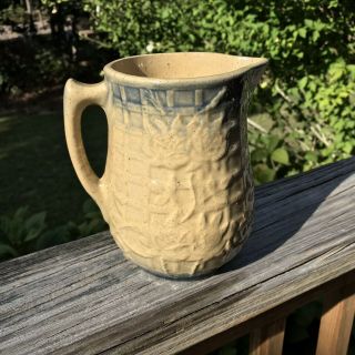 Antique Small Salt Glazed Stoneware Yellowware Pitcher W/handle In Floral Design