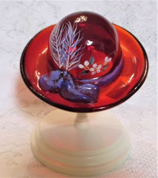 Fenton Art Glass Red Hat with stand,  NIB,  signed Christine Fenton,  Hand Painted 3
