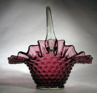 Vintage Fenton Art Glass Hobnail Plum Ruffled Edge Basket