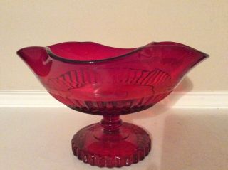 Ruby Red Glass Compote Dish With A Cut Glass Pattern And Scalloped Rim.