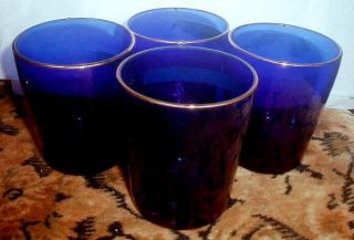 4 Ralph Lauren Cobalt Blue Waterford Crystal Rocks Glasses 22k Gold Rim Nwt