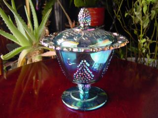 Vintage Blue Purple Carnival Grape Vine Lace Art Glass Candy Dish Bowl Compote