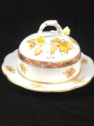 HEREND HUNGARY YELLOW INDIAN BASKET PATTERN ROSE FINIAL COVERED BUTTER DISH 2