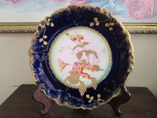 Gda Limoges France Porcelain Handpainted Plate Flowers Cobalt Blue Heavy Gold