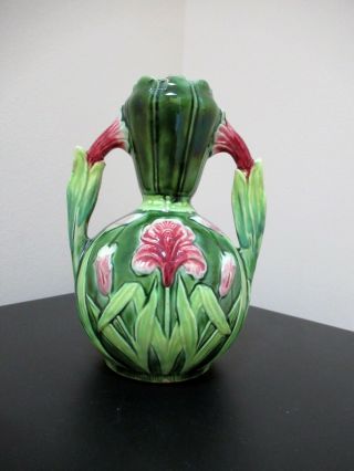 Antique Art Nouveau German Majolica Handled Vase With Iris Flowers; 6 3/4 " Tall
