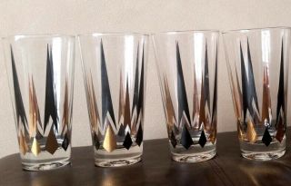 4 Mid - Century Mcm Black & Gold Atomic Arrow & Diamond 5 5/8 " Glasses Tumblers