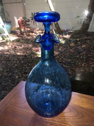 Vintage Mid Century Modern Blenko Decanter Blue Art Glass Genie Bottle 12” Mcm